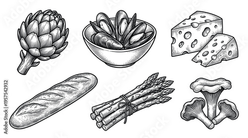Set of food icons in a vintage engraving style. Includes artichoke, mussels, cheese, baguette, asparagus, and mushrooms. Perfect for menus, packaging, and branding.