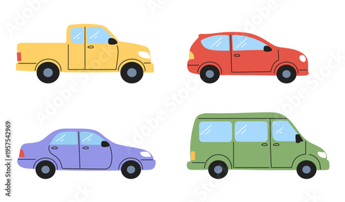 City transport concept set for kids. Flat vector collection with colorful car, pickup truck, hatchback, sedan and van for children and urban.