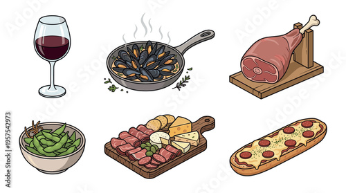 A colorful vector collection of gourmet food and appetizers, including wine, mussels, ham, cheese board, and pizza. Perfect for restaurant menus, blogs, or food icons.