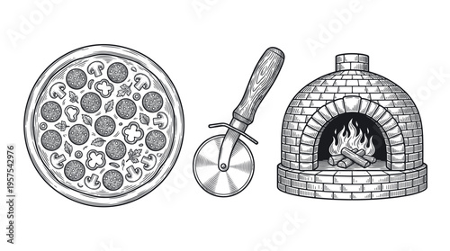 A set of vintage pizza elements: whole pizza, cutter, and a brick wood-fired oven. Hand-drawn engraving style illustration for pizzeria menus, logos, or food branding.