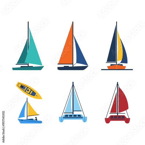 Collection of Diverse Sailboats and Yacht Designs on White Background
