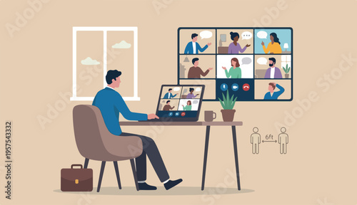 Work from home video conference meeting with team social distancing Coronavirus COVID-19 pandemic concept, office guy stay into home working at home chair conference meeting with team laptop computer