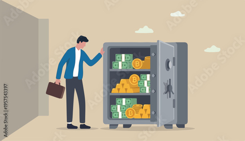 Alternative financial assets, crypto currency bitcoin, cash gold investment retirement plan concept, businessman investor into standing security safe full cash, gold bitcoin inside
