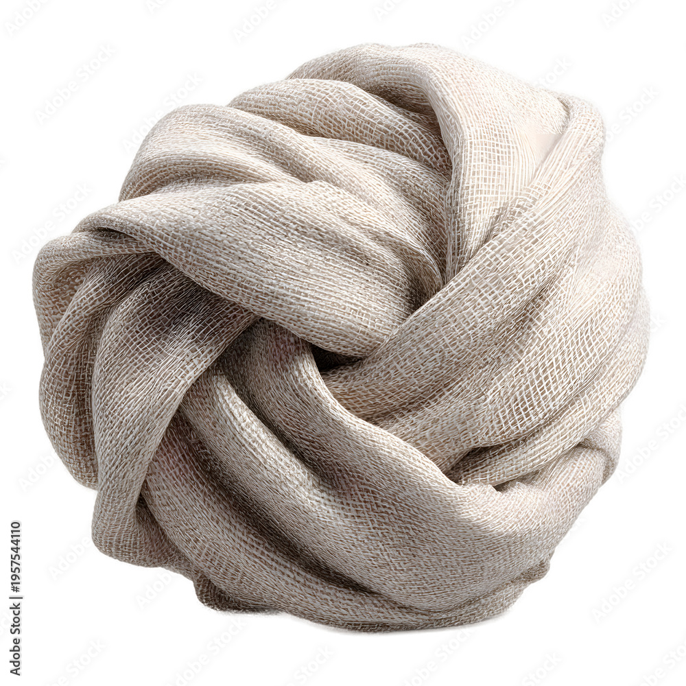 Fototapeta premium Luxurious and soft beige knitted fabric intricately bundled into a captivating spherical form, highlighting its cozy texture and natural warmth, perfect for elegant fashion and textile design concepts