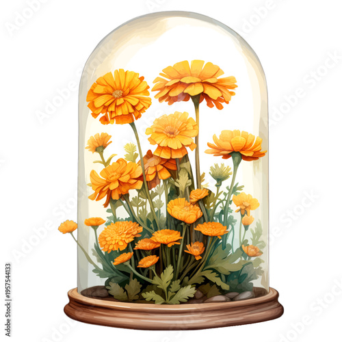 Watercolor orange marigold flowers in a glass cloche terrarium