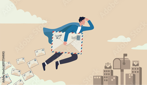 Email to the communication, marketing campaign from subscription, sending message or information concept, businessman superhero carrying big email envelope flying to recipient address