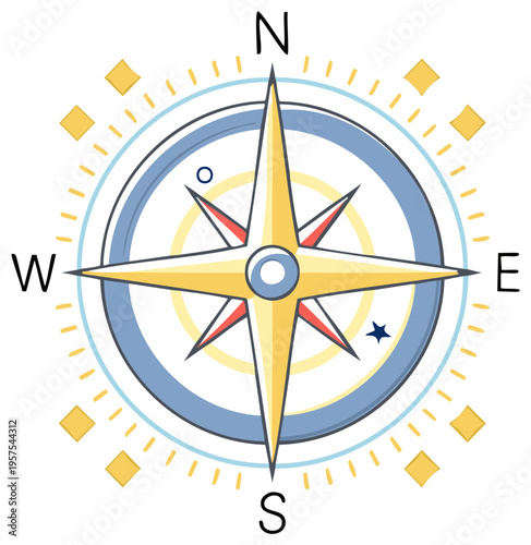 Stylized Compass Rose Icon Cartoon Style, Nautical Directions Vector Design, Navigation and Directionality Conceptual Symbol