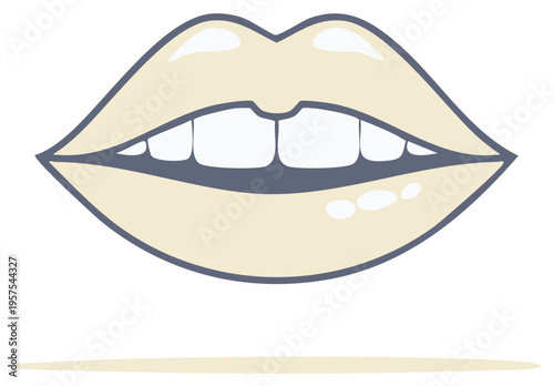 Woman's light lips with teeth, slightly open mouth, front view, neutral color, outline graphic