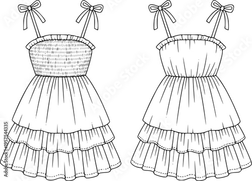 Black and white line fashion of a ruffled tiered sundress with tie straps apparel