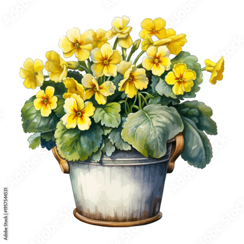 Watercolor yellow primrose plant in rustic metal bucket isolated