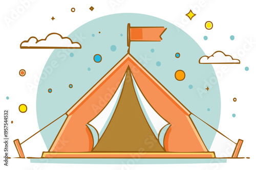 Outdoor Adventure Tent with Flag Flying High on a Cloudy Sky