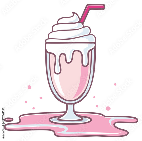 Delightful pink strawberry milkshake with whipped cream overflowing and spilled on a surface