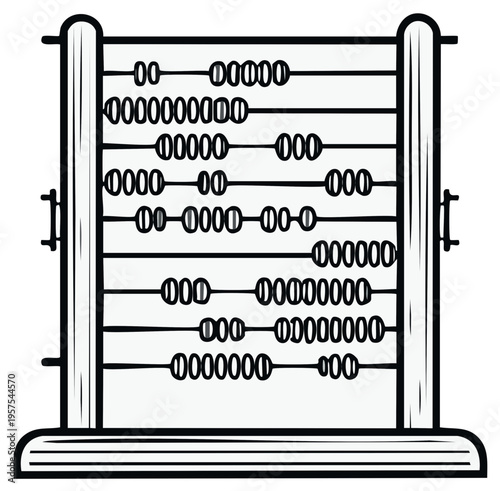 Black and white illustration of abacus for mathematics lessons and accounting calculations.