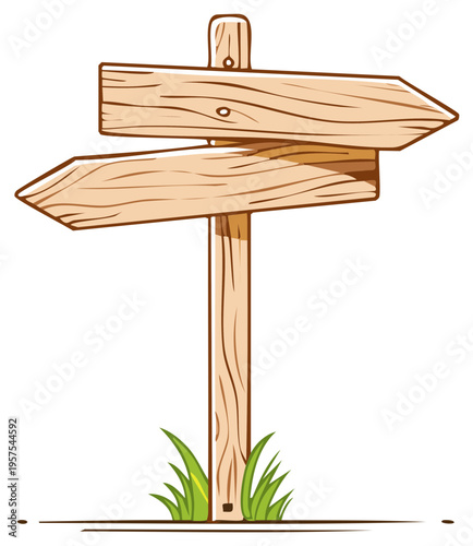 Rustic wooden signpost with direction arrows amidst green grass, guiding choices on a scenic trail.