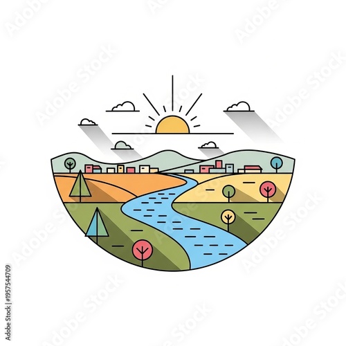 Vibrant landscape illustration with sun rising over a flowing river and distant village.