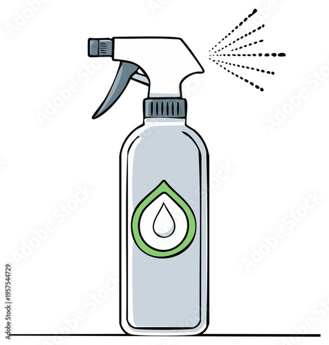 Hand drawn illustration of a spray bottle dispensing a mist of water or cleaning liquid