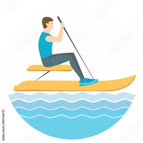 Male Paddler on Watercraft with Oar Water Ripples Flat Vector Illustration