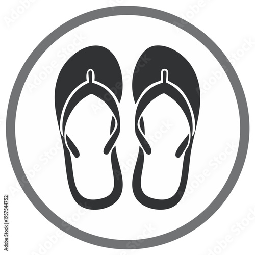 Simple Black Flip Flops Icon Within Grey Circle Perfect for Summer Beach Vacation and Leisure Travel Footwear Symbol