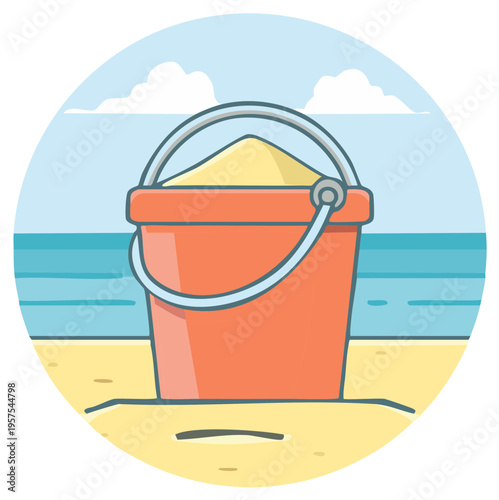 Cartoon Bucket Filled With Sand on the Beach Near the Sea with Clouds