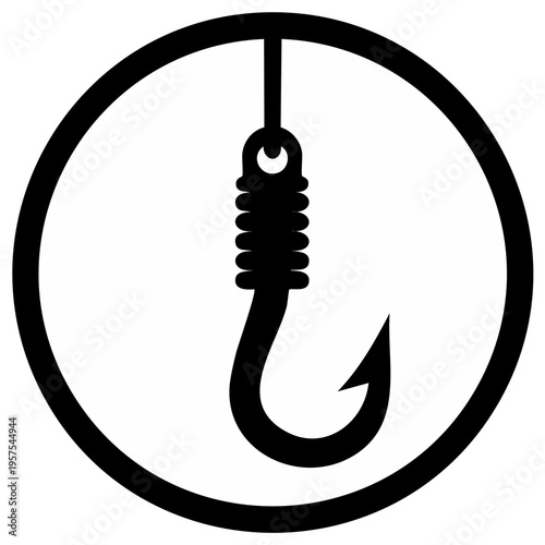 Black fishing hook symbol inside a circle icon graphic