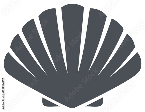 Graphic illustration of a dark grey scallop shell icon on a white background