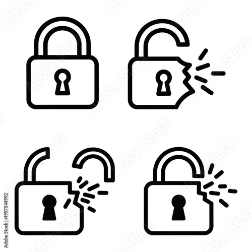 Padlock icons in closed and broken styles – vector designs symbolizing security, unlocking, breaches, and protection for digital or physical safety concepts.  