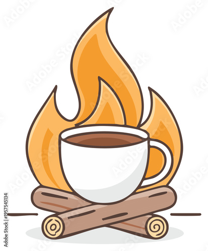 Cartoon Illustration of a Cup on Firewood with Liquid Filling Cup and Campfire