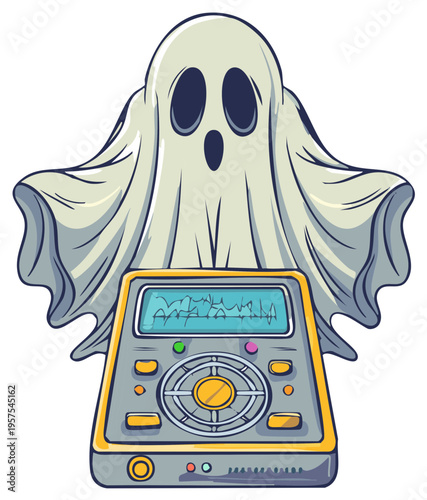 Cartoon ghost holding an EMF reader, vector illustration, ghost hunting, paranormal investigation