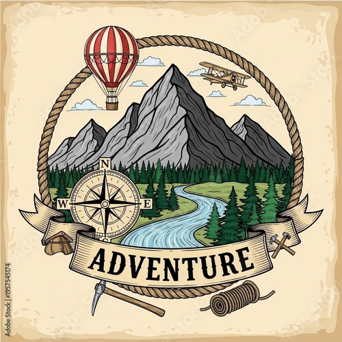 Embark on an epic journey of exploration with a vintage compass, hot air balloon, and rugged mountains.