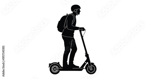 A person rides an electric scooter viewed from the side depicted as a stark black silhouette high quality professional detailed modern