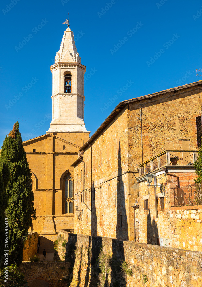 Fototapeta premium Pienza Duomo bell tower and historic buildings in Tuscany, Italy.