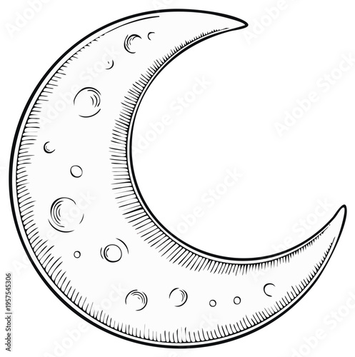 Crescent moon illustration isolated on white background, celestial body drawing