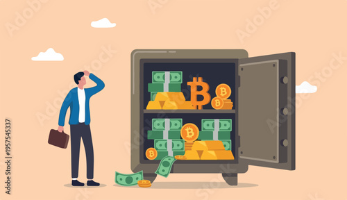 Alternative financial assets, crypto currency bitcoin, cash and gold for investment retirement plan concept, businessman investor standing with security safe with full cash, gold bitcoin inside
