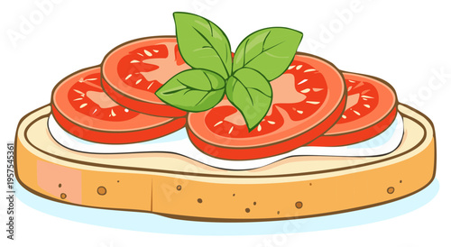Appetizing Hand-Drawn Style Toast Topped with Sliced Tomatoes, Creamy Spread, and Fresh Basil Leaves