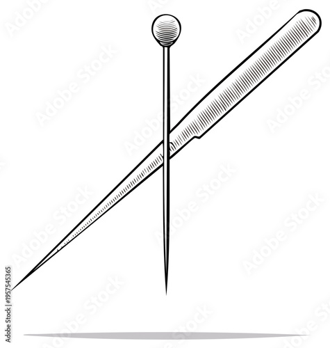 Crossed sewing pin and seam ripper crafting tools detailed vintage illustration