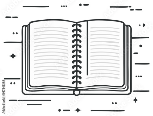 Open notebook with spiral binding, outlined vector illustration