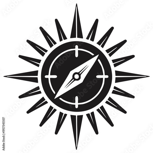 Black and white compass rose navigational tool with multiple spikes on a white backdrop.