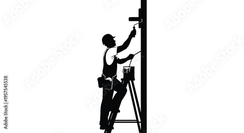 A construction worker is painting a wall while standing on a ladder displayed as a striking silhouette high quality professional detailed