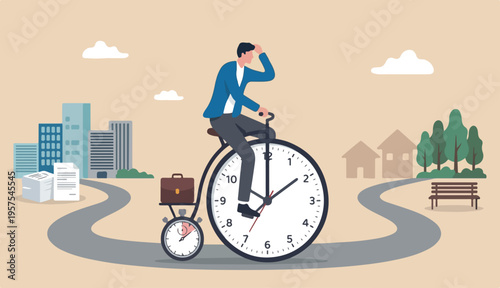 Productivity or efficiency spending time to finish work, time management work life balance concept, businessman riding vintage bicycle with front wheel clock and small wheel as stopwatch timer.