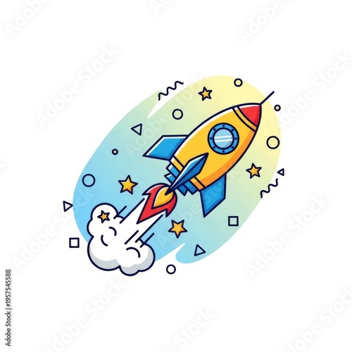 Exciting cartoon rocket blasting off into a colorful, abstract starry sky with motion effects.