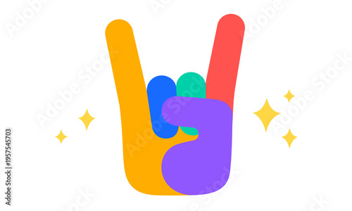 Rock gesture for music festival. Hand sticker for merch. Finger sign. Creative rock and fun hand. Heavy metal rock and rocker sign. Finger and hand for cool poster. Finger icon. Vector Illustration