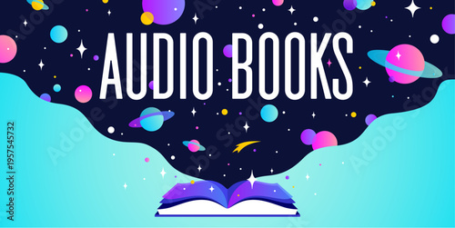 Book, Imagination, Dreams. Text Audio Book. Cosmos book, space imagination. Open book storybook for children. Imagination magic world. Open library fantasy dream and storytelling. Vector Illustration