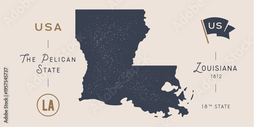 Cuadro en lienzo Vintage Louisiana state map USA graphic, southern travel emblem