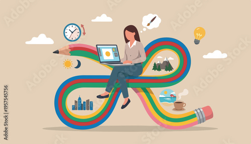 Flexible work, remote work anywhere anytime, employee choice or choose time and location productivity and creativity concept, cheerful woman enjoy working with computer laptop on flex bent pencil.