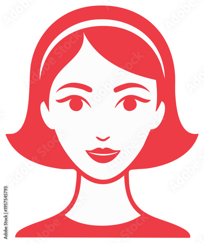 Minimalist red woman portrait icon with bob hair and headband smiling