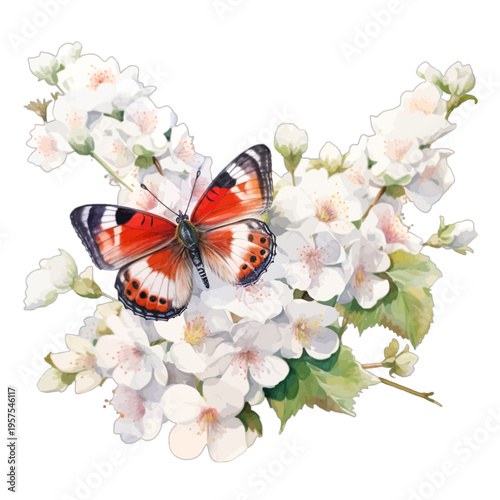 Watercolor white jasmine flower bouquet with vibrant red butterfly