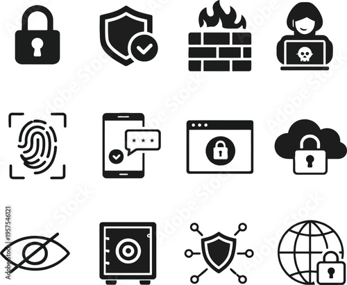 Cyber security and data protection solid black vector icon set