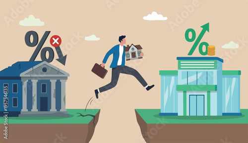 Refinance change mortgage agreement bank, replace debt obligation better interest rate, housing loan real estate investment concept, businessman house to jump new bank