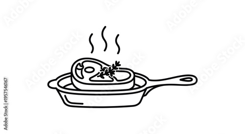 Minimalist Line Art Illustration of a Sizzling Gourmet Bone-in Ribeye Steak Seasoned with Fresh Rosemary Herbs Searing in a Hot Cast Iron Skillet Pan with Rising Steam Smoke for Culinary Design.