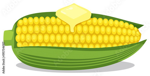 Sweet yellow corn on the cob with melting golden butter and green husks a delicious summer meal